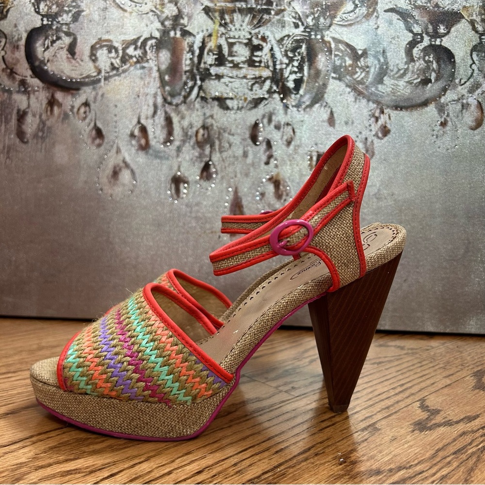 Poetic License | Chevron Woven Open Toe Wooden Heels Size 9